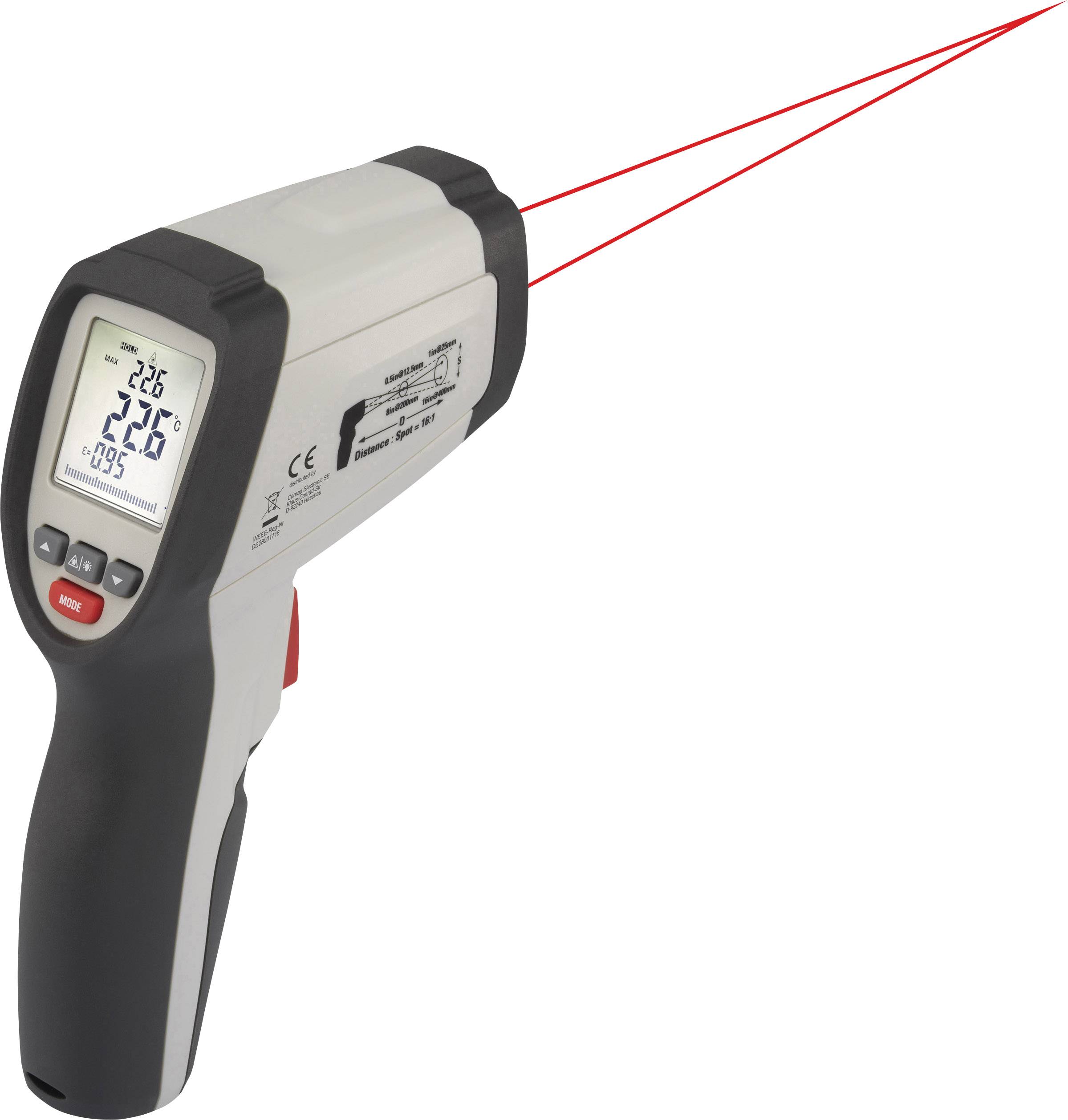 Infrared thermometer with digital display shows 26.2 degrees Celsius, with red laser guidance for precise temperature measurement.