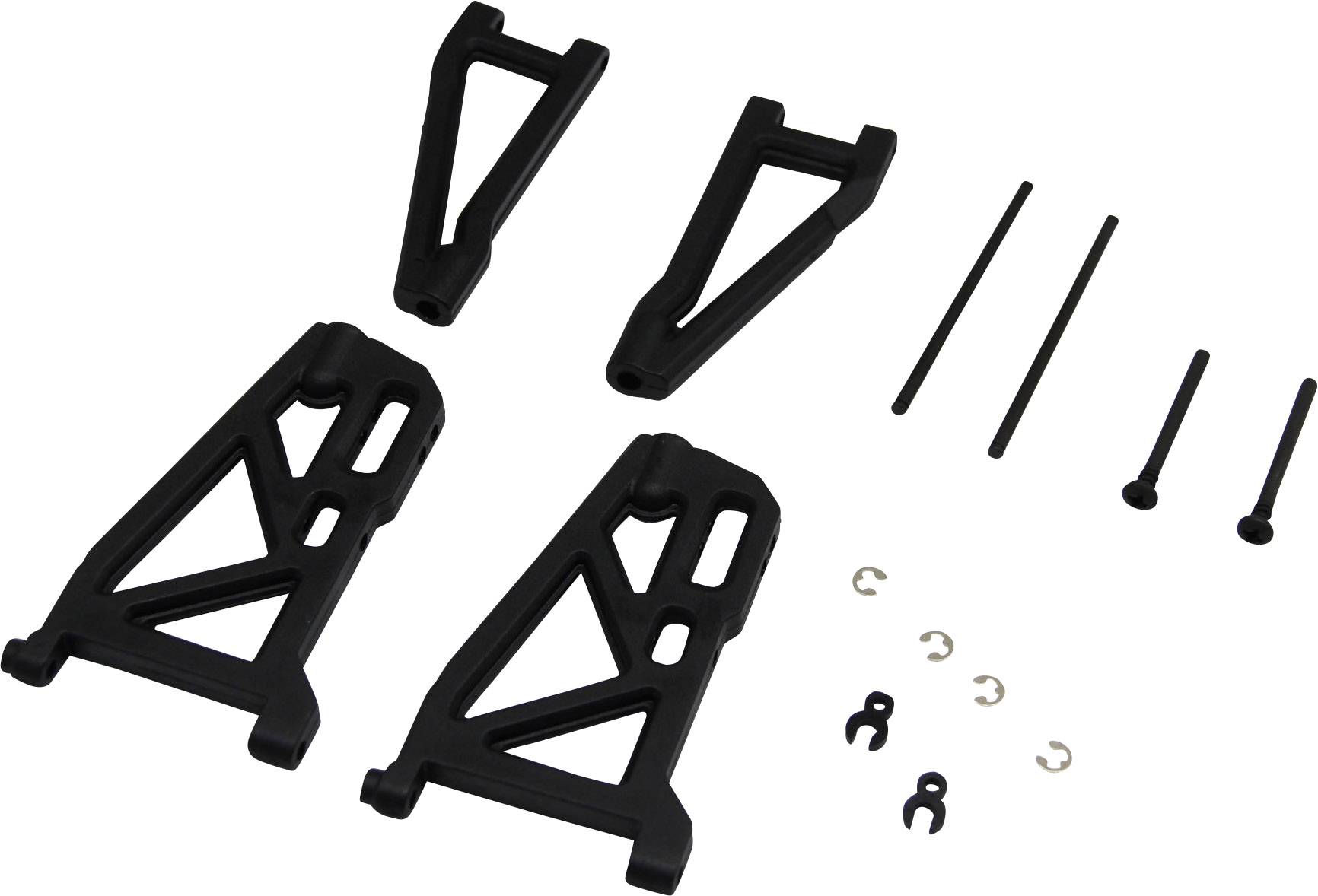 Black RC car suspension parts, including two A-arms, two control arms and mounting hardware, on a white background.