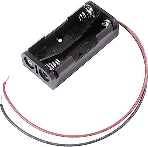 Black battery holder for two AA batteries with red and black connection wires.
