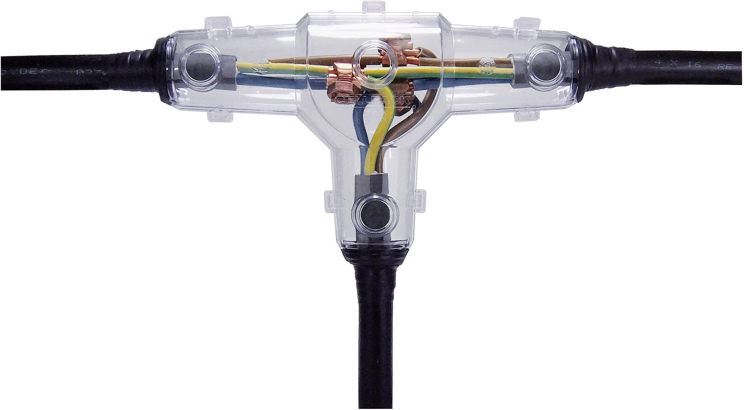Transparent T-shaped cable connection with visible copper wires in different colours.