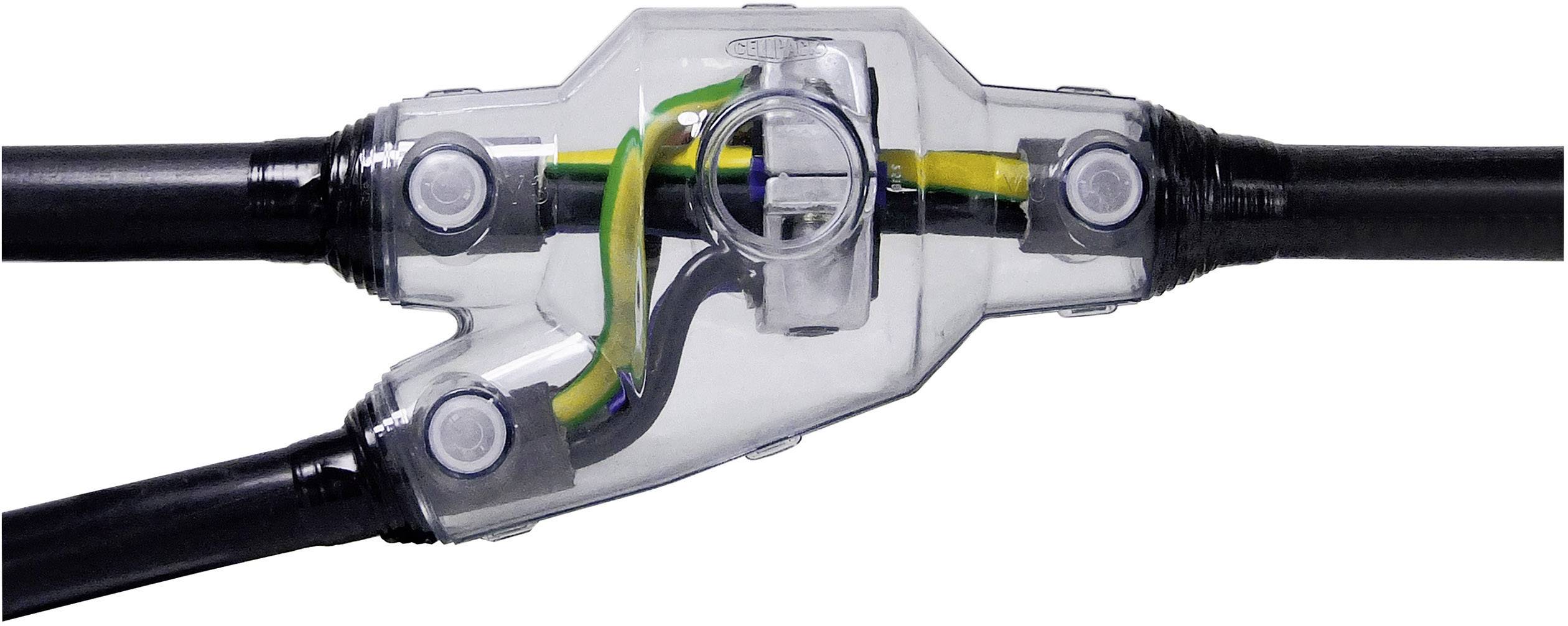 A transparent electrical cable connector shows coloured cables inside for power distribution and connection.