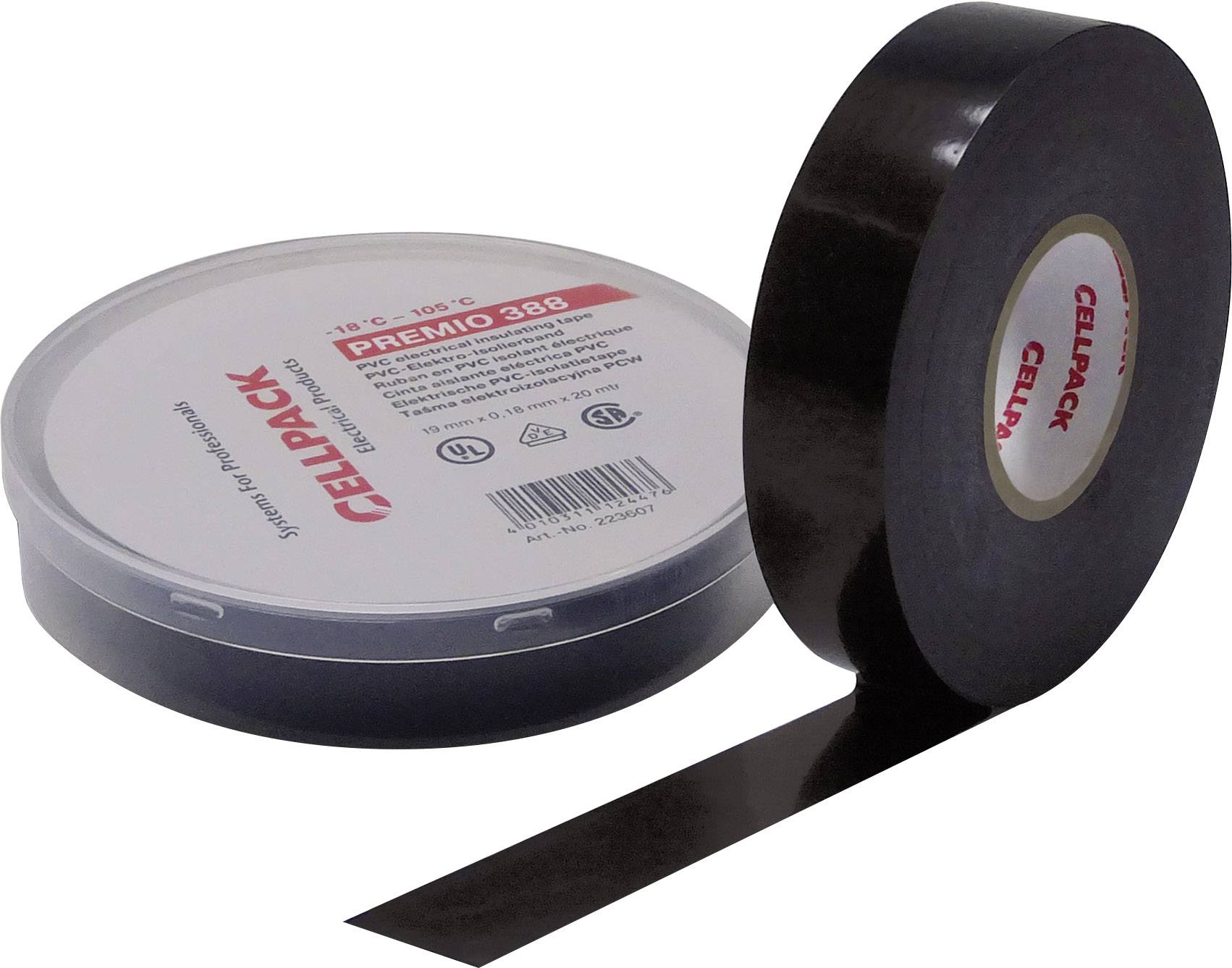 A roll of black insulating tape standing upright next to its packaging with the Cellpack logo and product information.