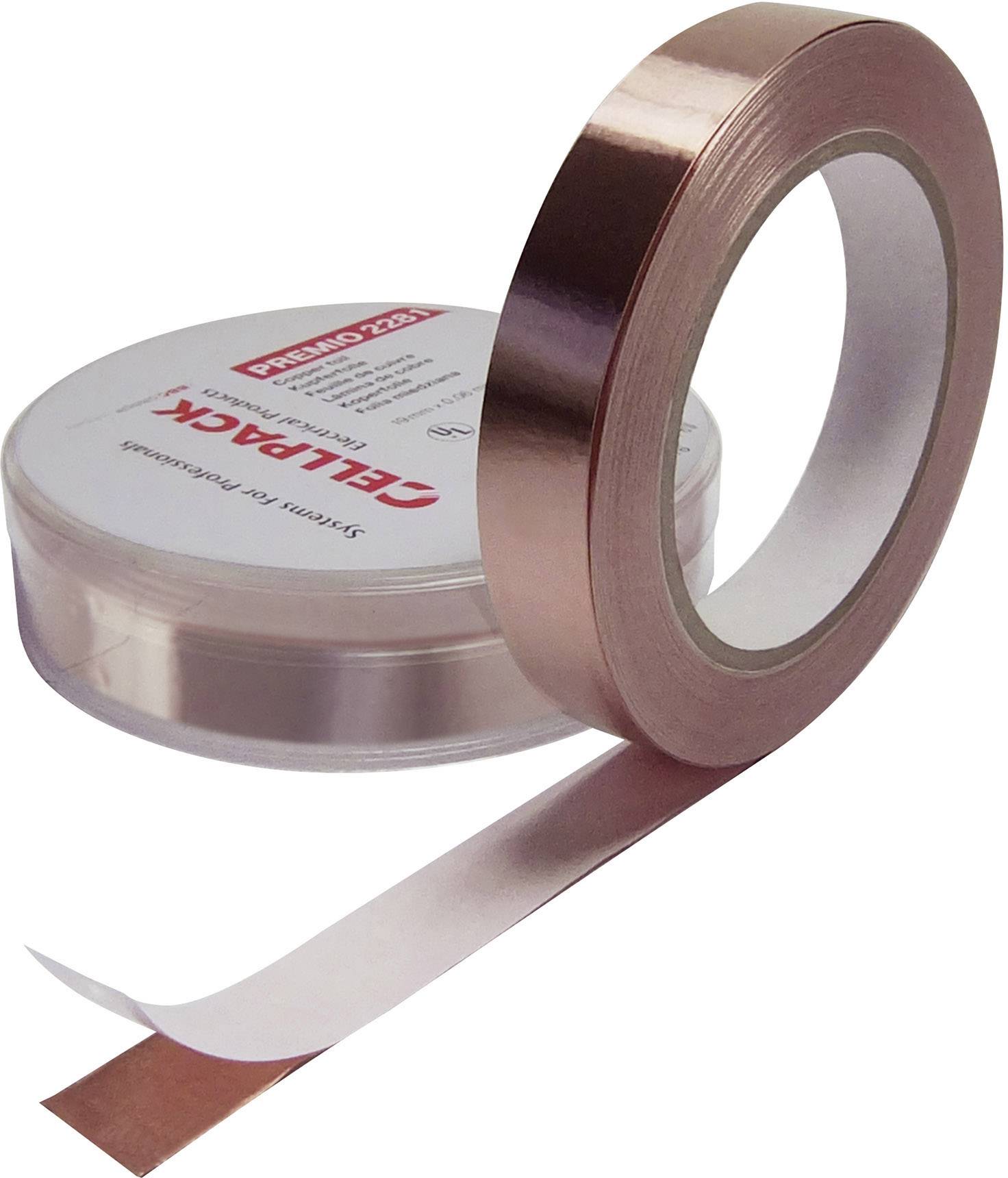 Copper adhesive tape on a roll, partially unrolled. Suitable for electrical applications such as shielding or repairs. Brand name on label.