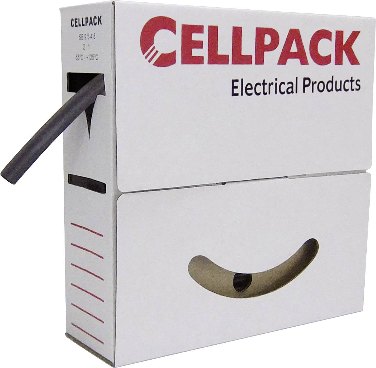 White cardboard packaging with the inscription 'CELLPACK Electrical Products'. A black cable protrudes from the side of the packaging.