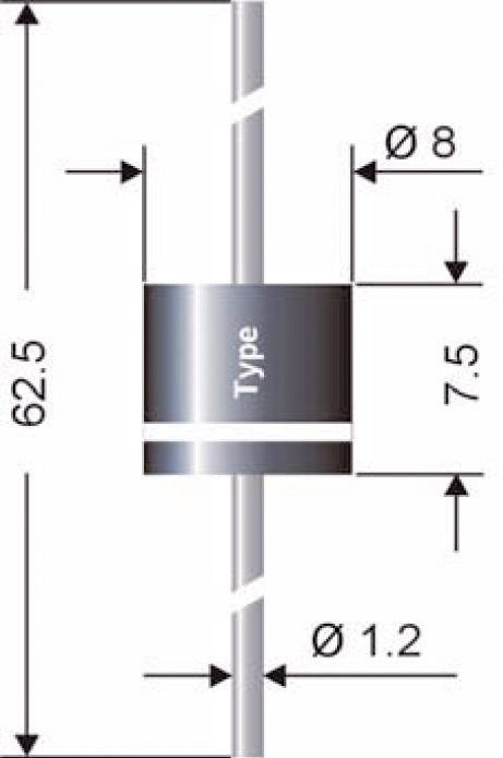Diagram of a cylindrical electronic component, possibly a diode, with dimensions: total length 62.5 mm, diameter 8 mm, wire diameter 1.2 mm.