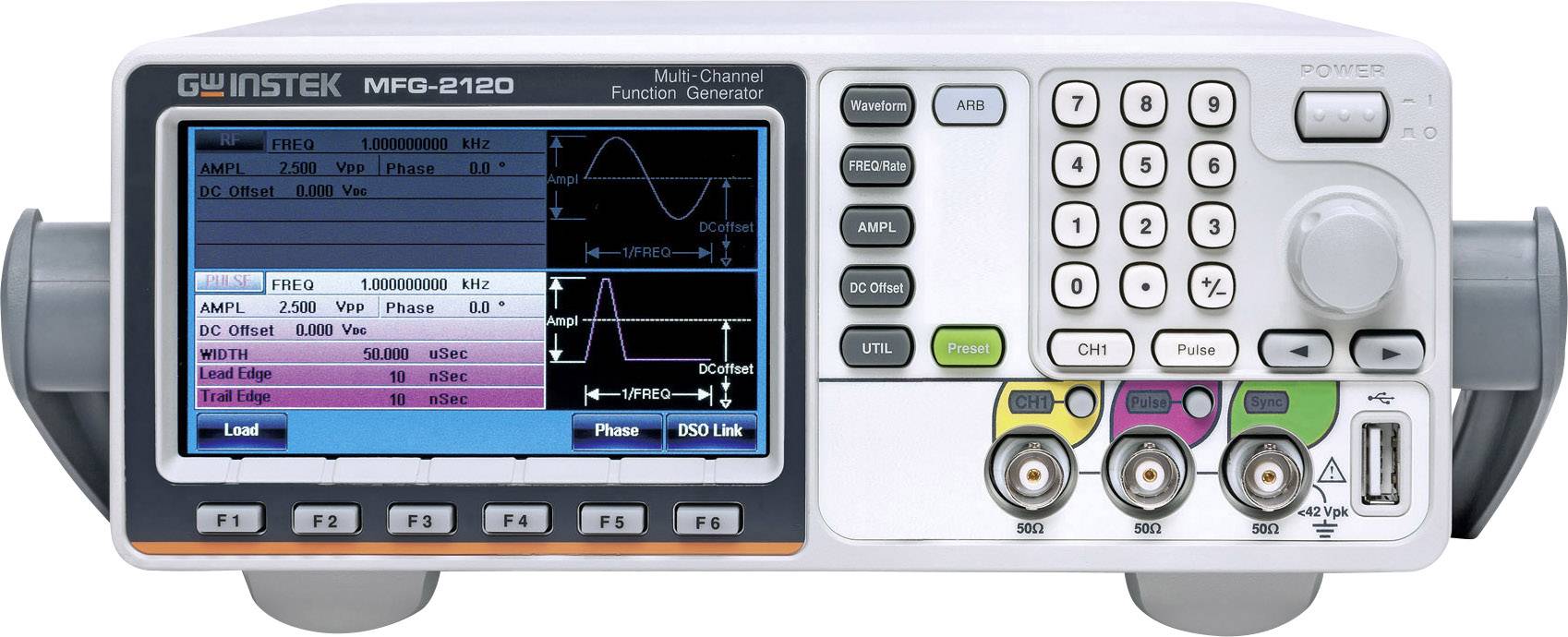 GW Instek MFG-2120 Multi-Channel Function Generator with Display. Shows Waveform Diagrams and Settings. Numerous Input Options.