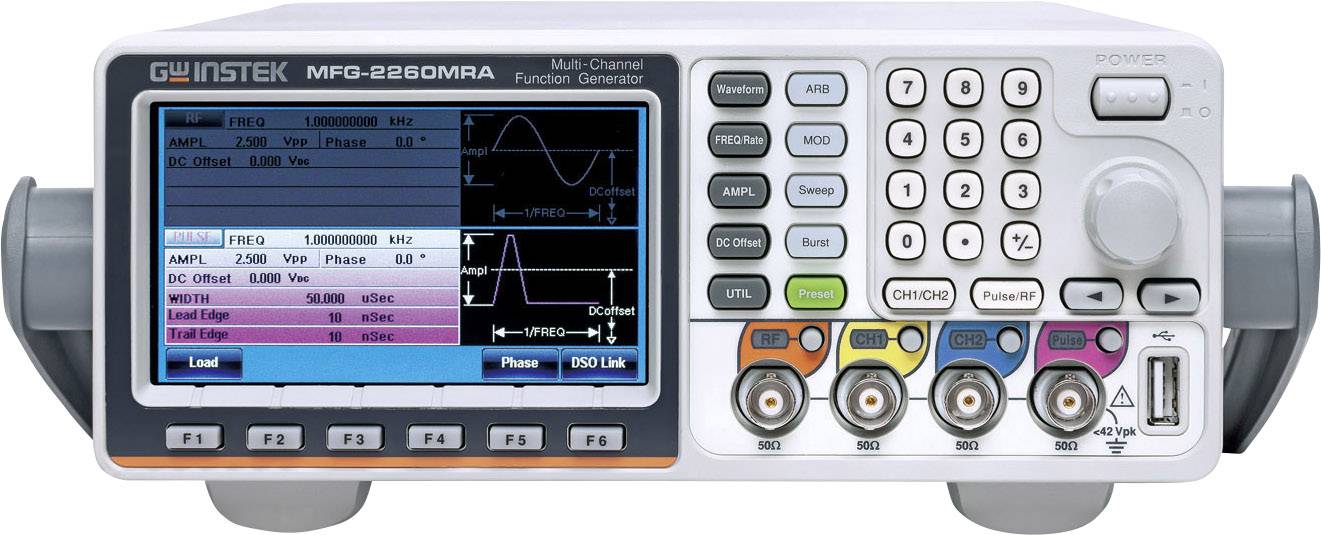 A function generator with a screen for displaying waveforms and a keypad for control. Four connectors at the bottom.