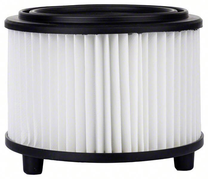 Cylindrical white air filter with black edges, standing on a table.