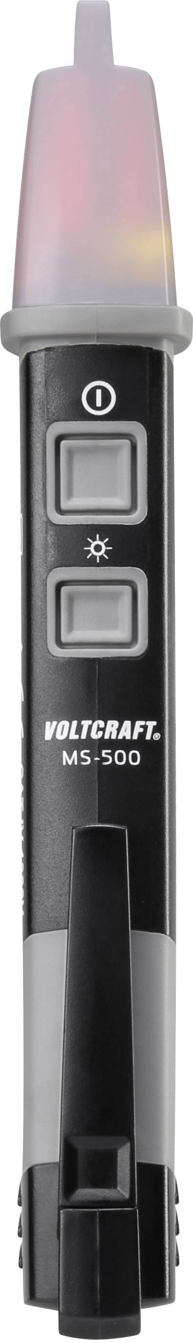 'VOLTCRAFT MS-500 voltage tester' in close-up with two buttons and illuminated tip, suitable for checking electrical voltages.