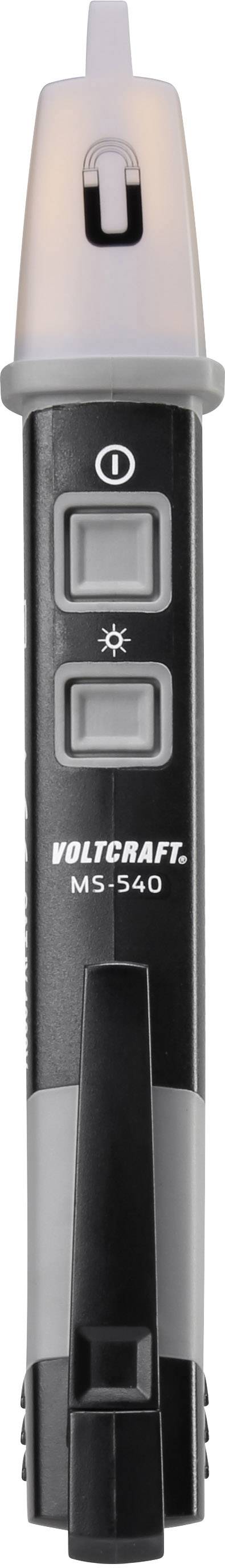 Voltage Tester Voltcraft MS-540 in black and grey. Shows two buttons and an LED display for voltage testing on electrical conductors.