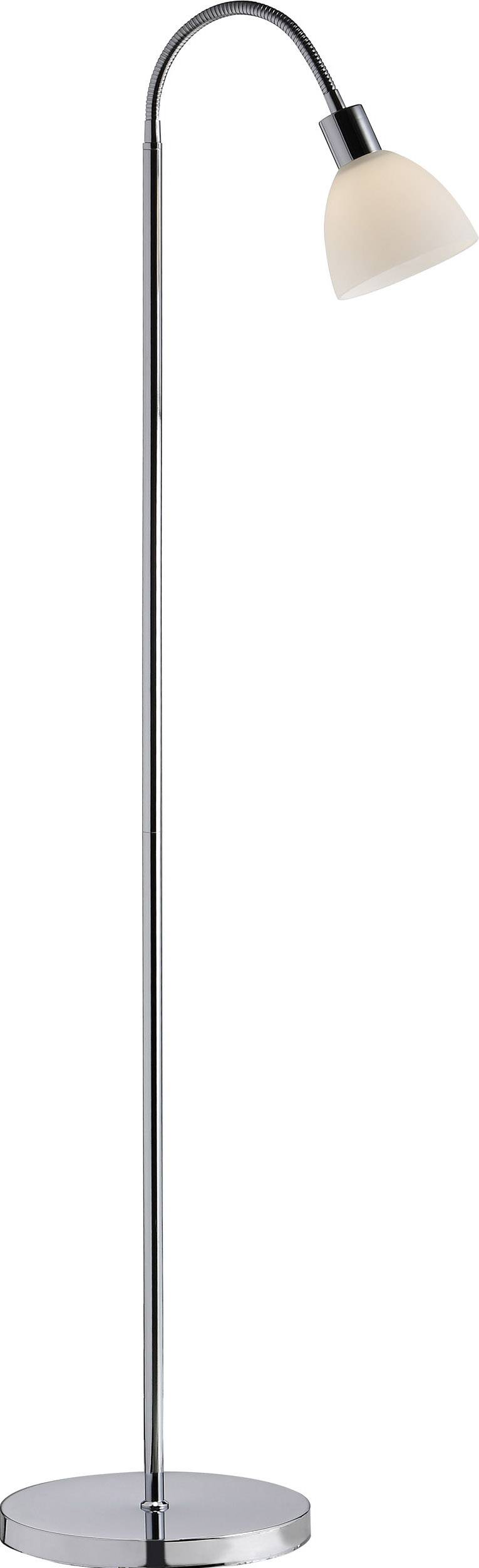 Floor lamp with a slender, curved metal frame and a white, funnel-shaped lampshade. Suitable for direct lighting.