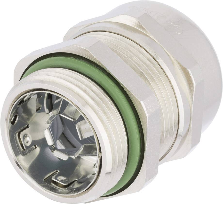 A silver metal connector with hexagonal edges and a green sealing ring.