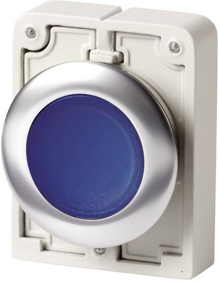 A blue push button in a silver housing on a white background surface.