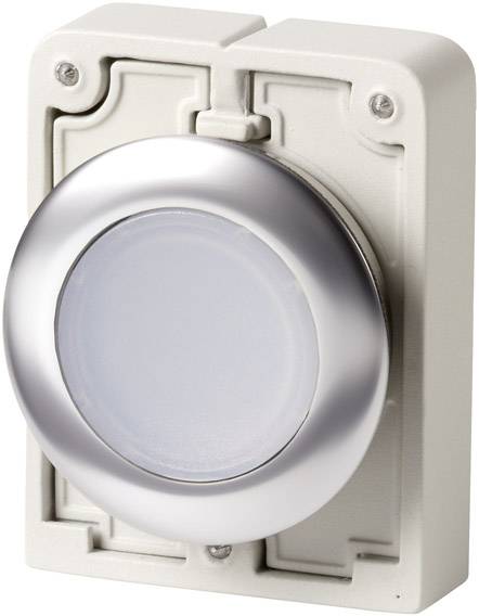 A square, grey switch with a round, silver button in the centre. Suitable for electrical applications.