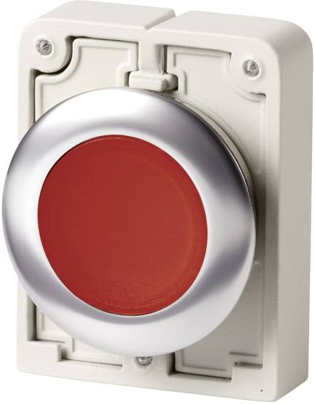 A red-illuminated, rectangular emergency button with a silver border mounted on a white wall plate.