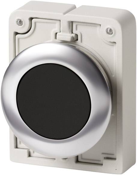A large round button with a silver rim on a rectangular, cream-coloured background. The button has a black surface.