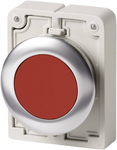 A large, red button on a rectangular, grey casing. The button could be used in an industrial or emergency scenario.