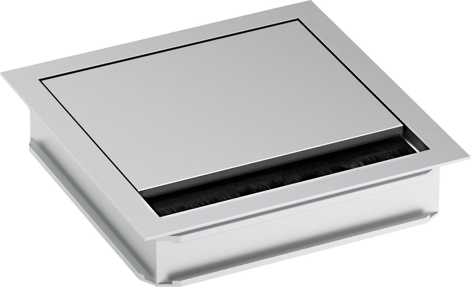 Brushed square silver floor socket. Suitable for concealing and organising cables in office environments.