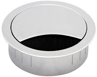Round metal cable grommet with brush seal, used for neat cable routing through desk or table tops.
