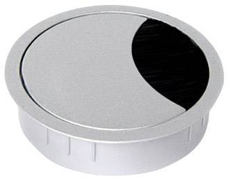 Round, silver cable grommet with black brush insert for neat cable routing on a table or workspace.