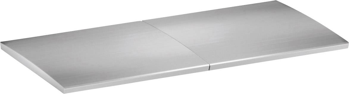 Flat, rectangular stainless steel plate with a smooth, polished finish, comprising two adjacent segments.