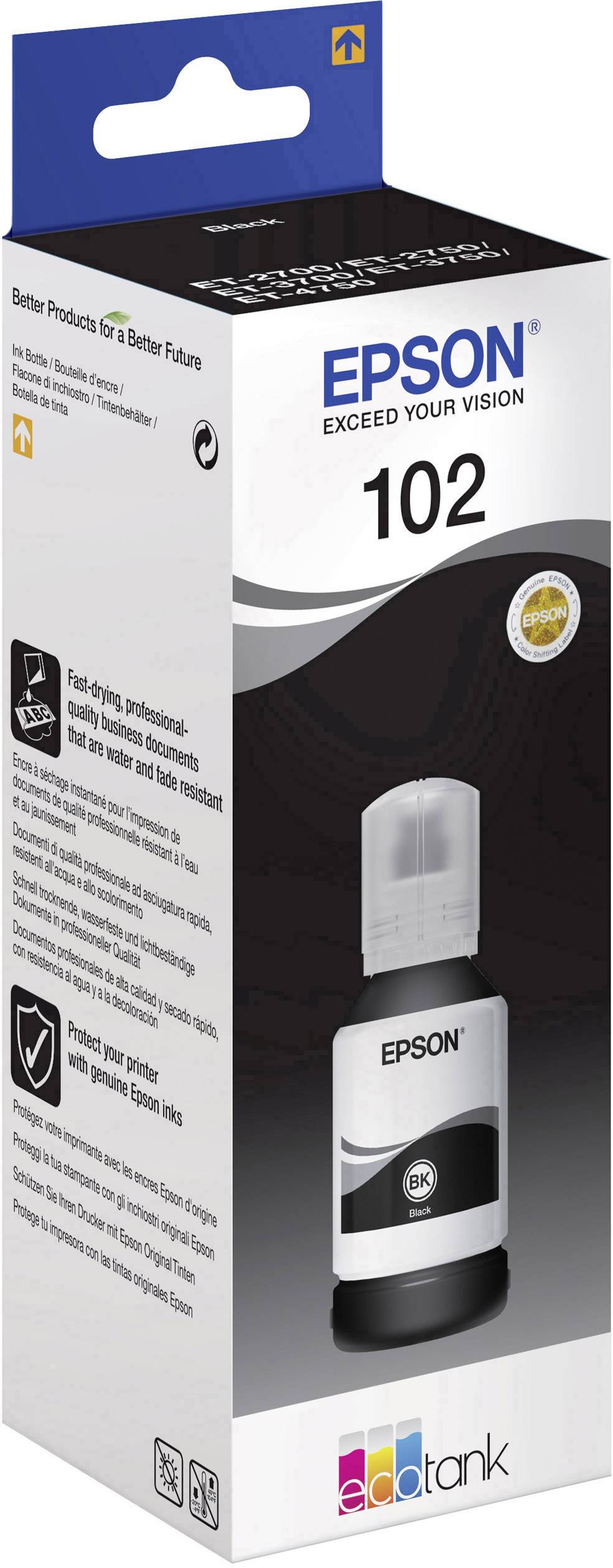 An Epson 102 ink bottle with EcoTank system, resting on a white packaging. Caption reads 'Exceed Your Vision'.