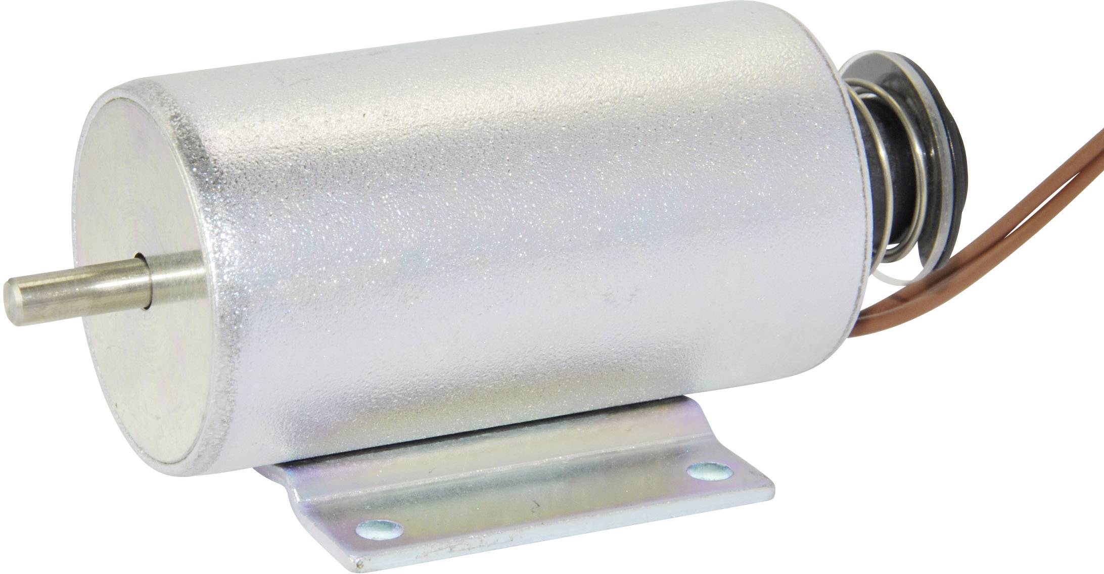 A cylindrical electromagnet with a metal casing, a protruding axis on the left, two cables on the right. It is used for magnetic attraction in technical applications.