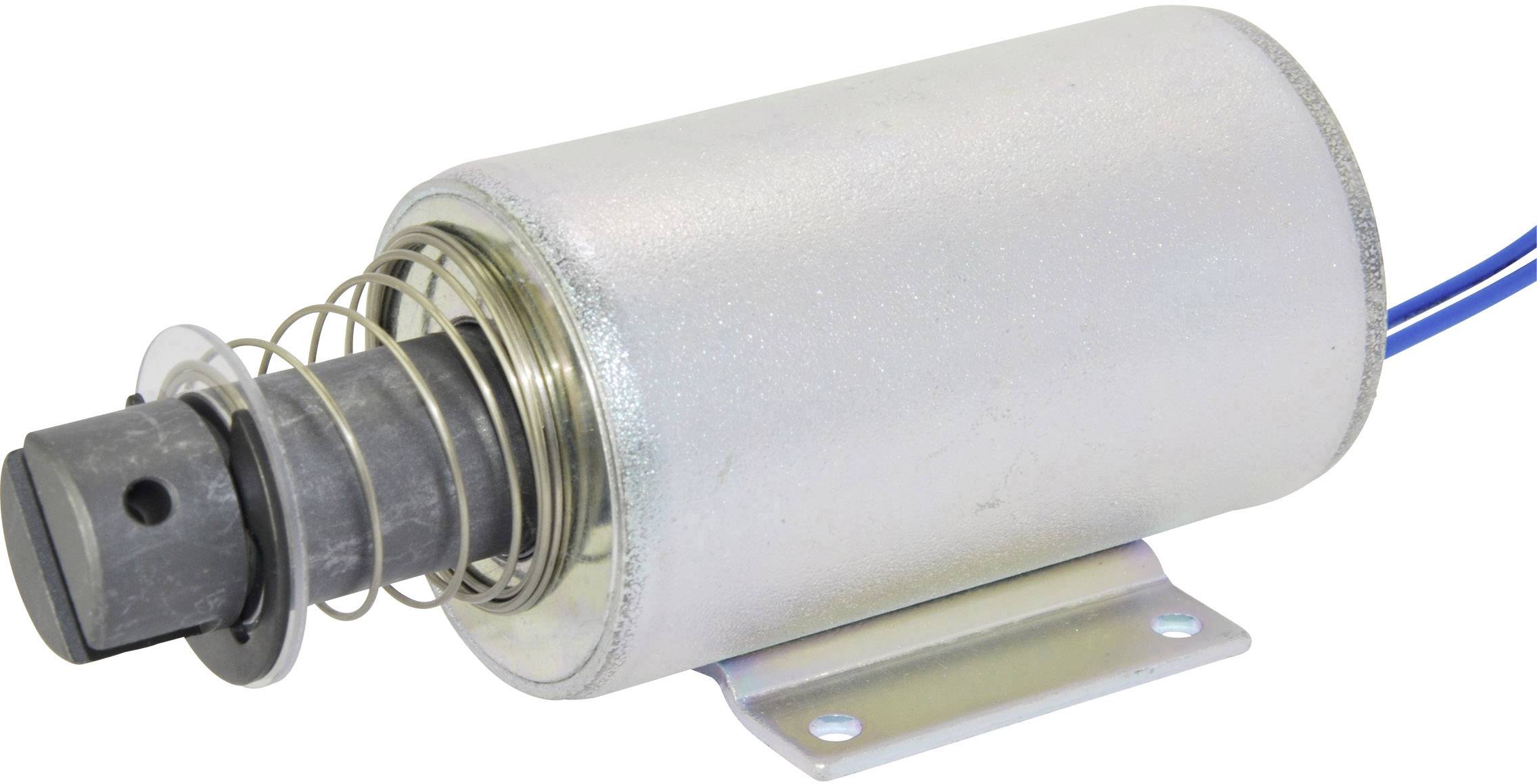 A cylindrical electrical magnet with a metal spring, mounted on a base plate. Equipped with blue cables for power supply.
