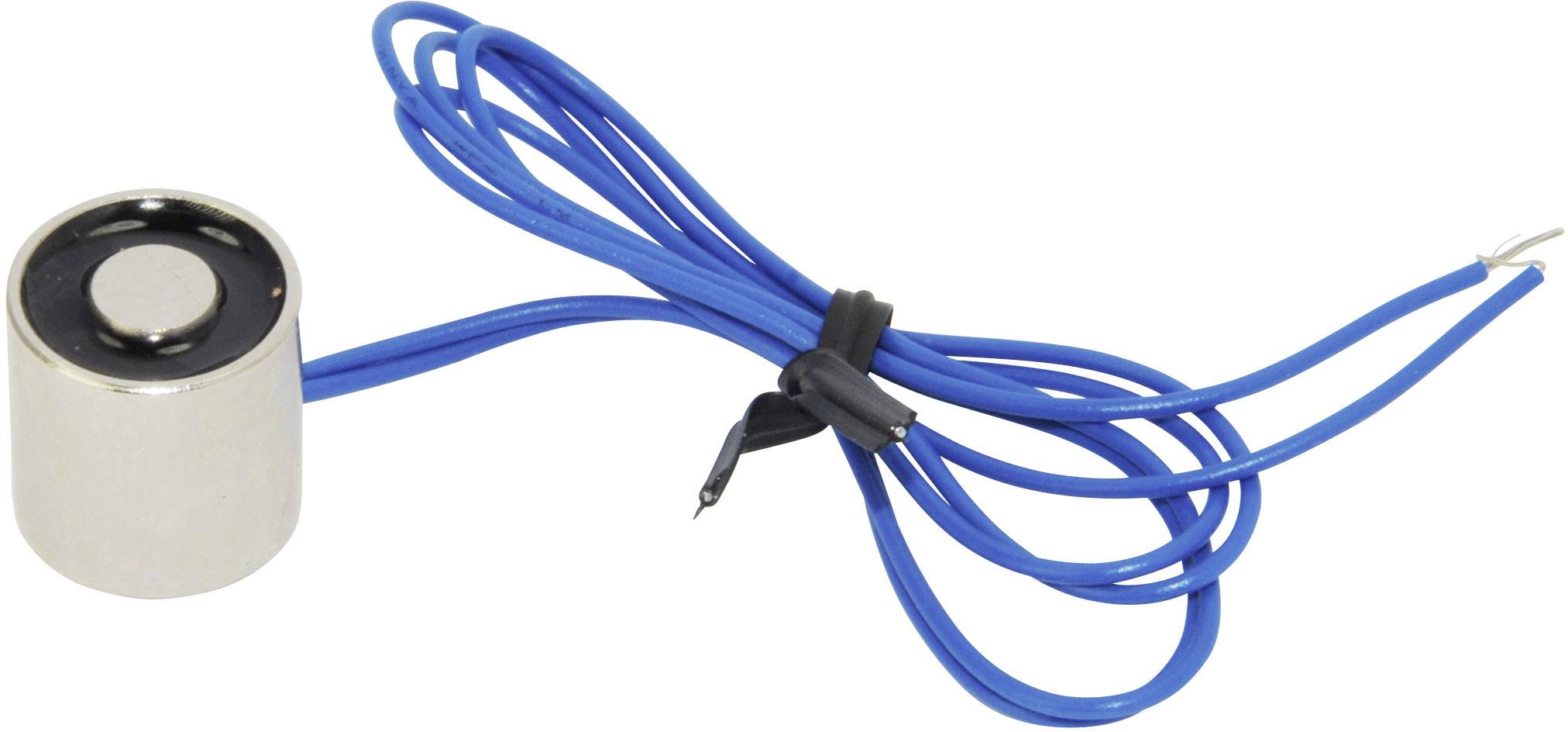 A small, cylindrical electromagnet with a silver casing and blue cables ready for connection.