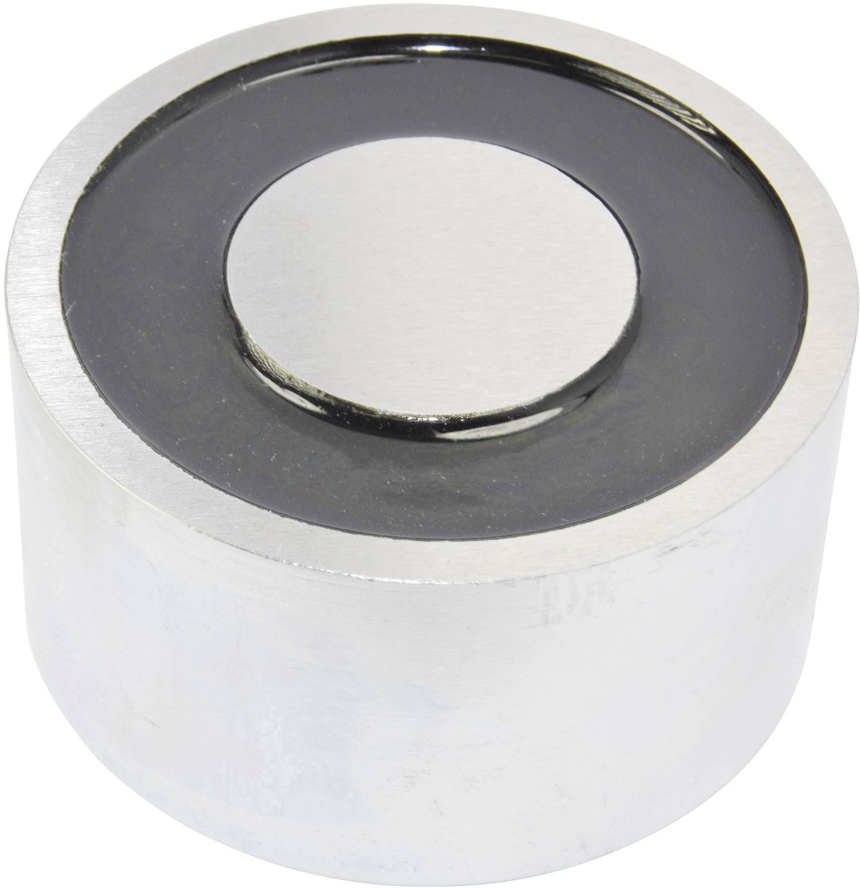 Round electromagnetic magnet with silver casing and black centre, used for industrial applications or holding devices.