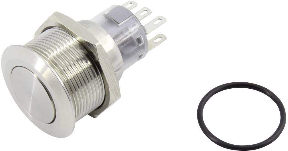 Metal switch with thread and push button, beside it a black sealing ring. Suitable for electrical applications.