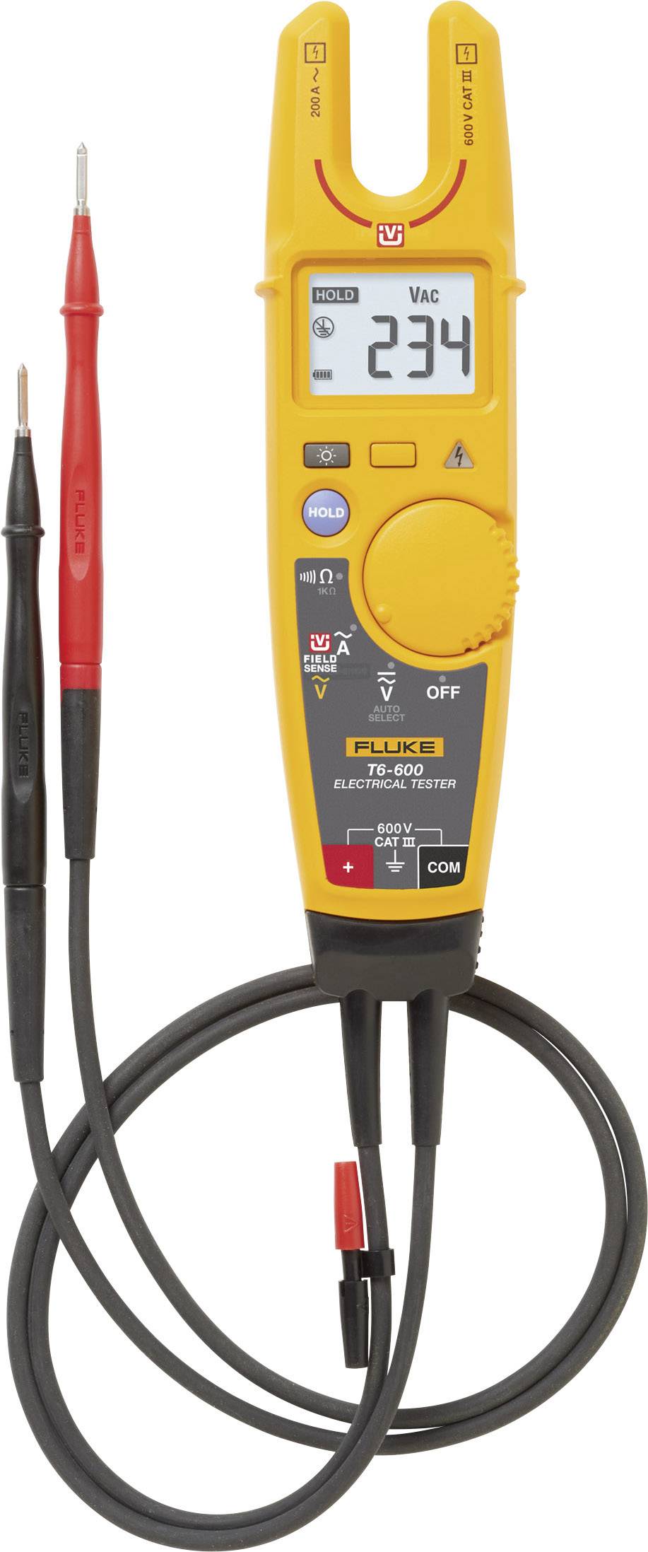 A digital voltage metre displays a measured value of 234 volts. It has measuring leads in red and black protruding from it.