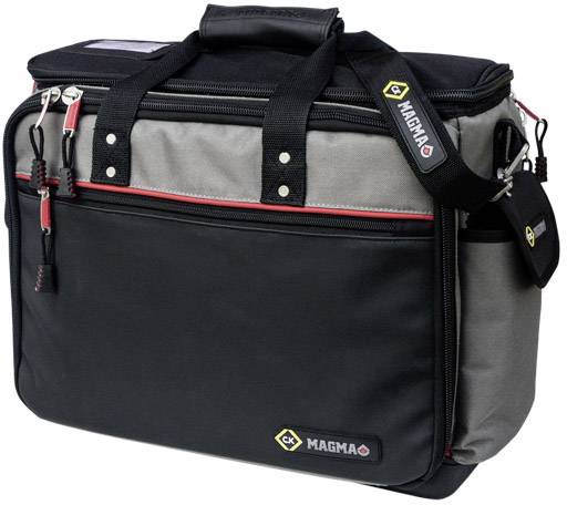 A black and grey tool bag with multiple compartments and handles, 'MAGMA' label visible on the bag.
