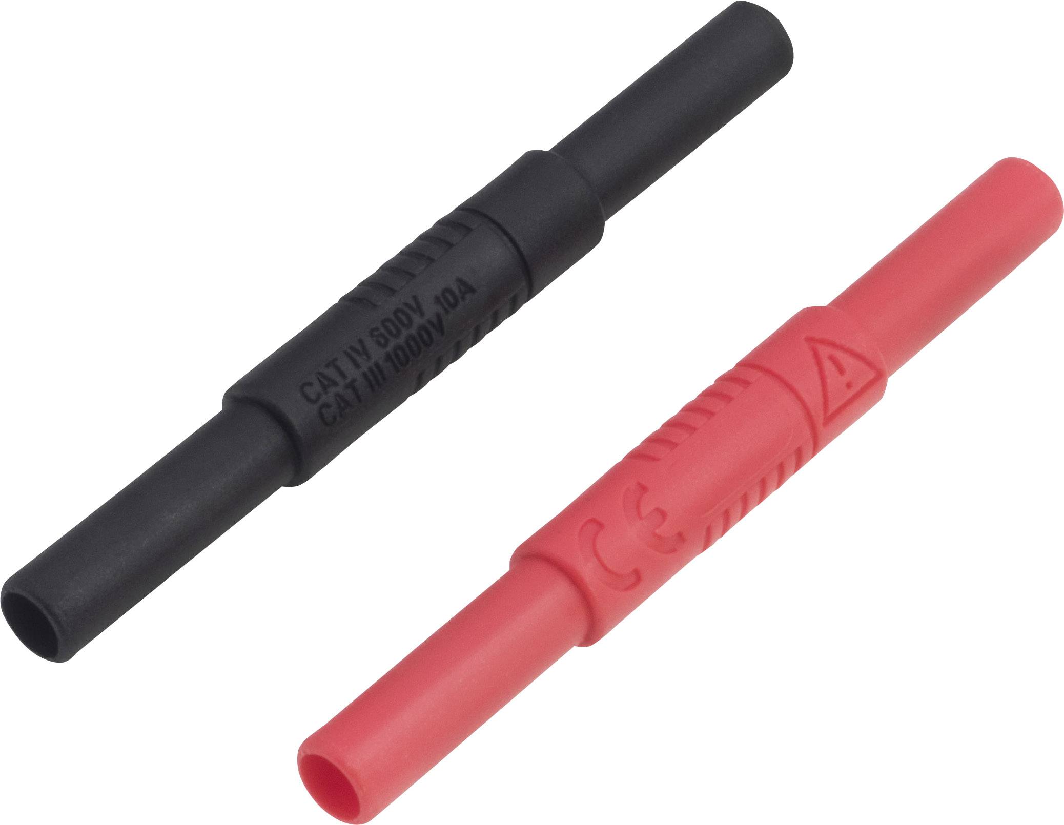 Two measuring lead couplings in red and black; the red one bears the CE mark and a warning symbol. They are used for electrical connection.