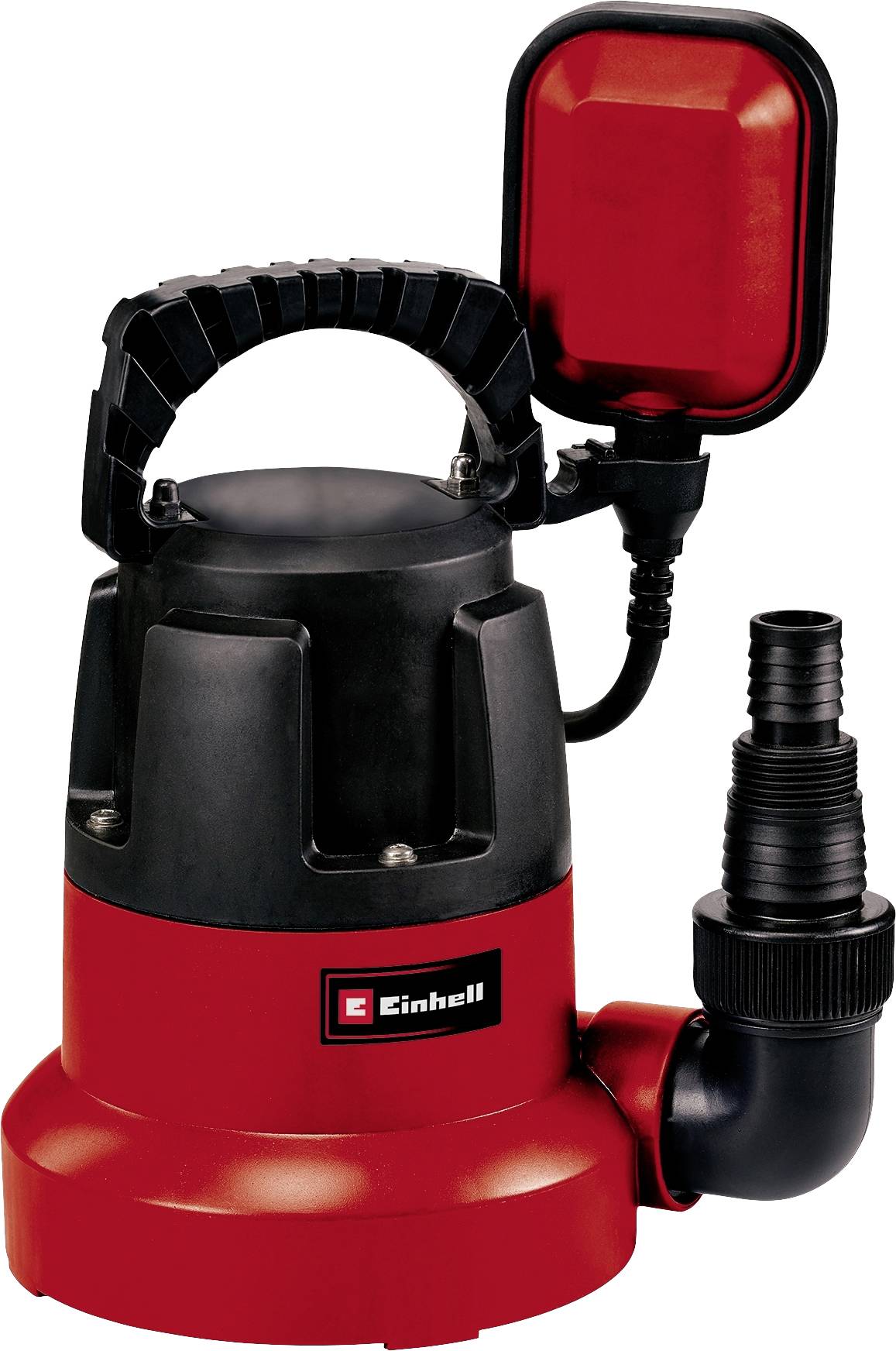 A red and black submersible pump by Einhell with hose connection and carry handle, suitable for pumping out water.