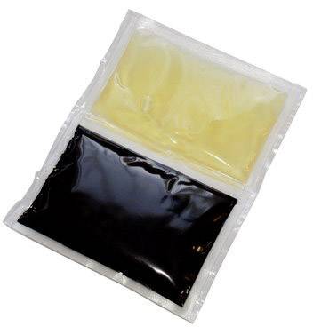 Two sealed pouches, the top one containing yellow liquid, the bottom one with black liquid, likely intended for medical or culinary purposes.