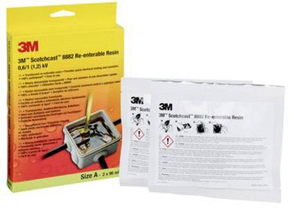 Packaging and pouch of '3M Scotchcast 8882 Re-enterable Resin', Size A, shown with technical text and images on the packaging.
