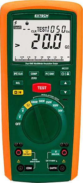 A digital multimeter tester displays 'TEST 050 VDC' and '20.0 GΩ'. There are buttons for various functions, including 'TEST'.
