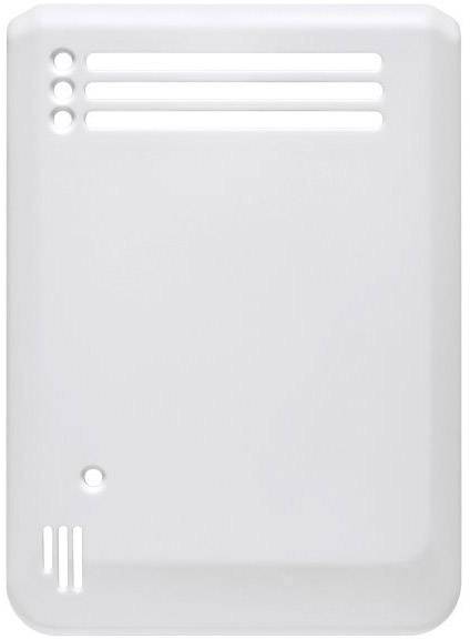 A white, rectangular room thermostat with ventilation openings.