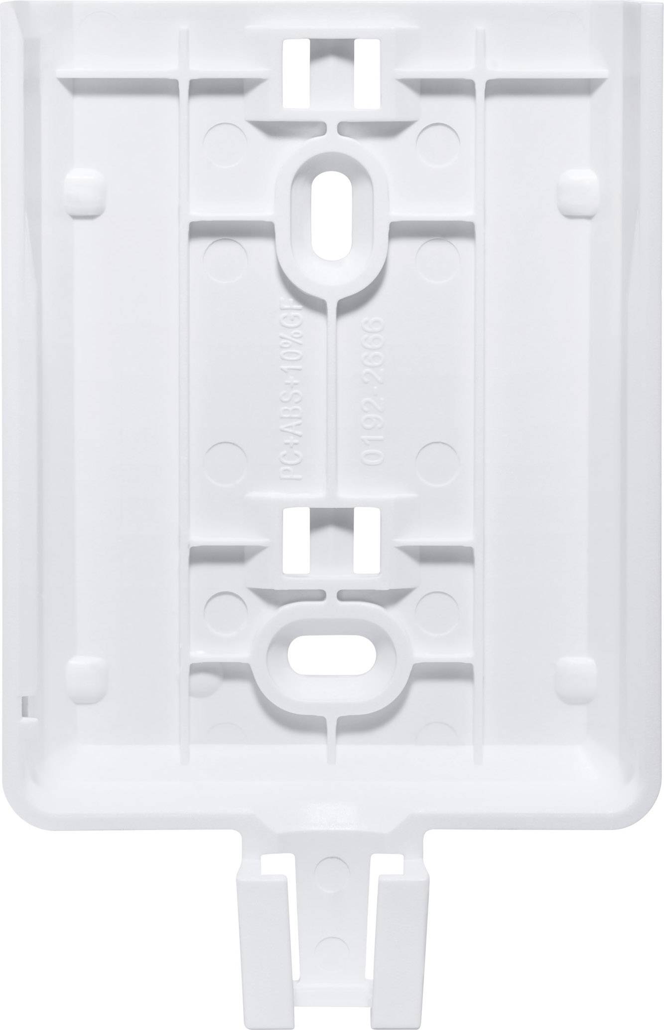 White plastic mounting bracket with multiple oval and rectangular openings, used for securing or installation.
