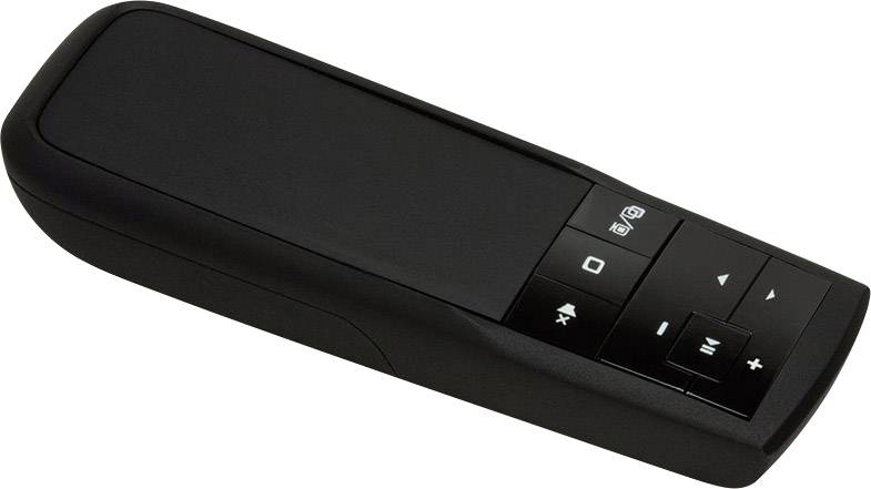 Black remote control with buttons for volume, mute, play/pause, and navigation; used for controlling a device.