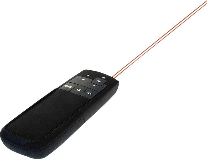 Laser pointer with a black casing, emitting a red beam of light, commonly used for presentations.