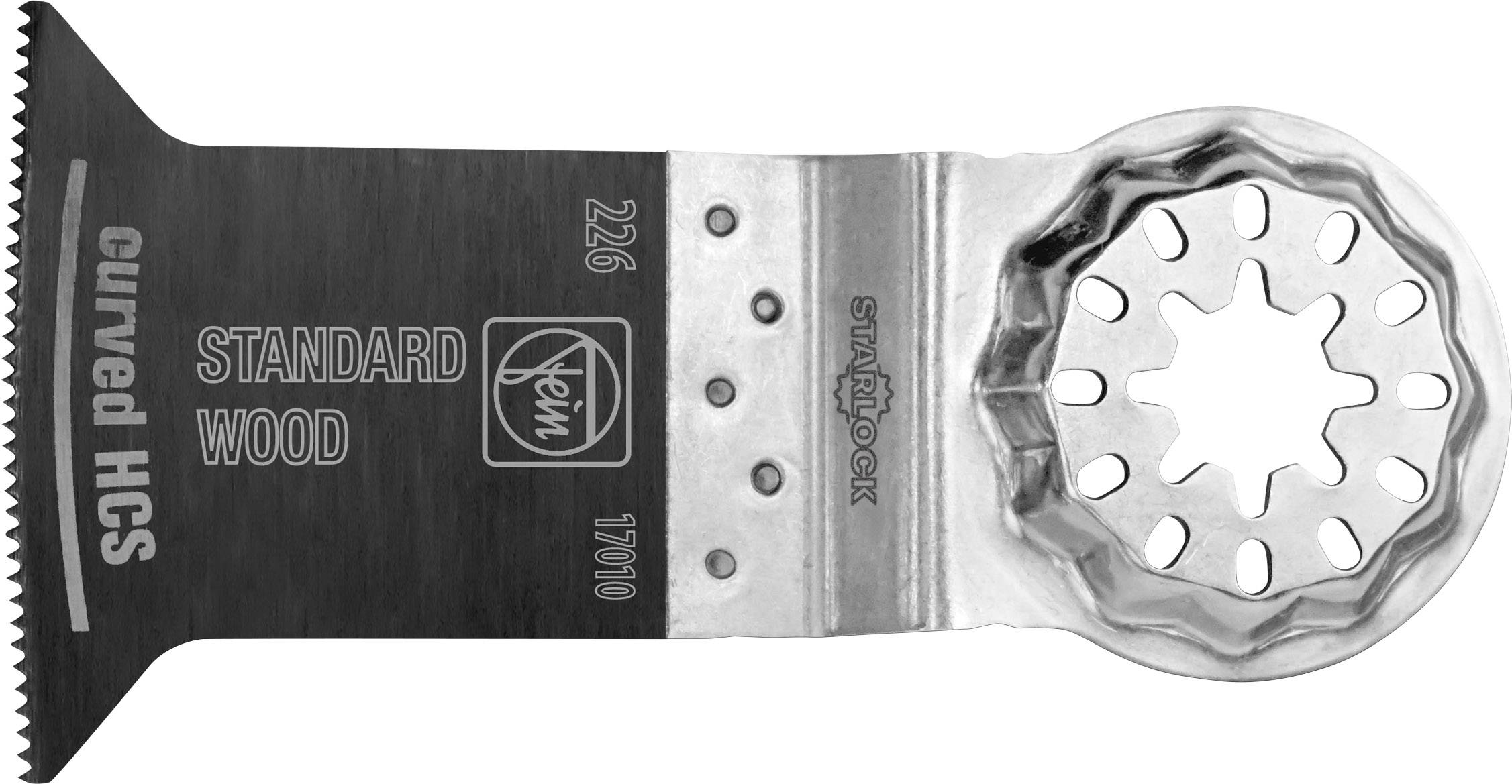 Saw Blade for Oscillating Multi-Tool. Suitable for Wood. Markings: 'Curved HCS', 'Standard Wood', 'Starlock'.