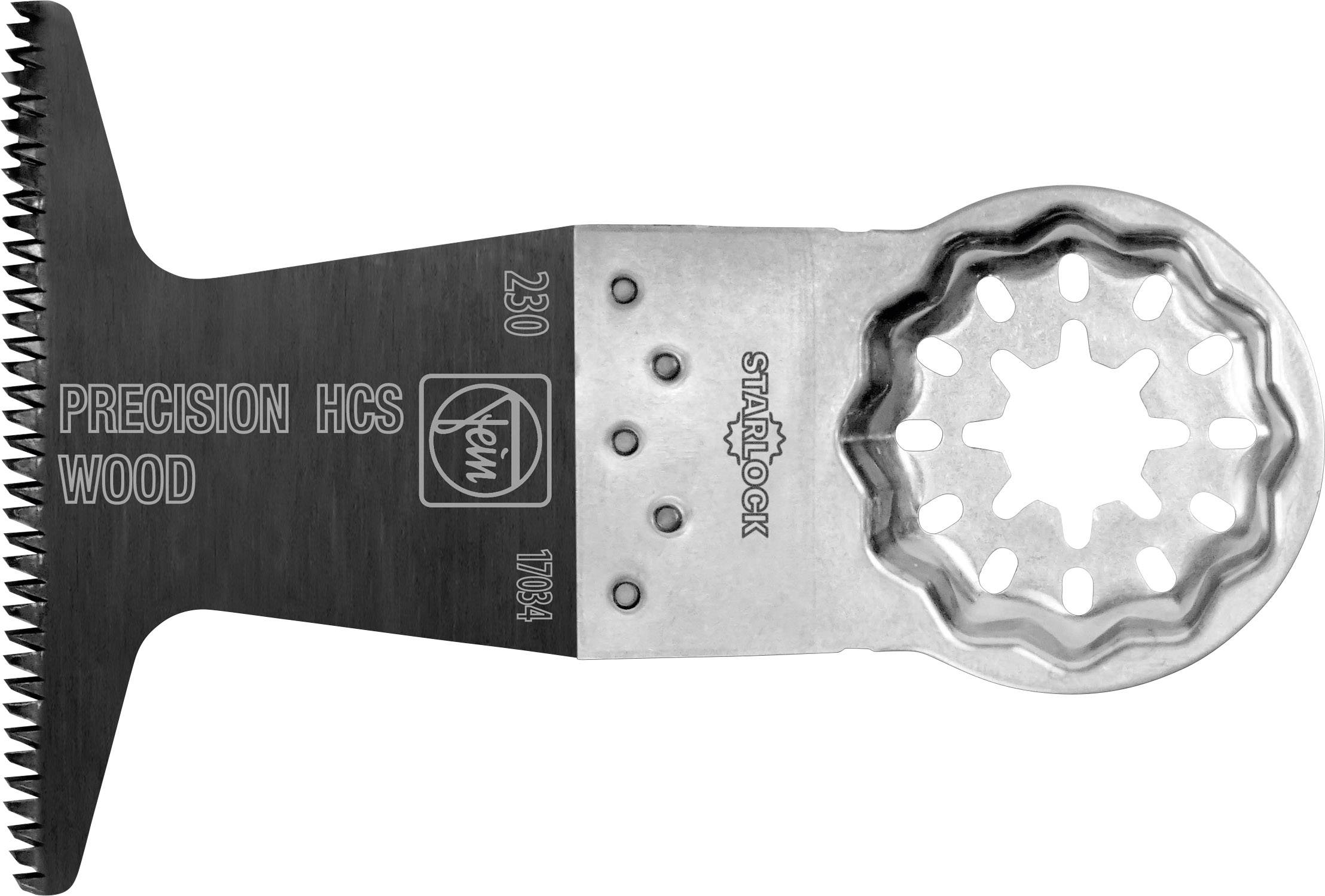 Black and silver saw blade with a Starlock mounting. Inscription: 'Precision HCS Wood'. Manufacturer's logo visible.