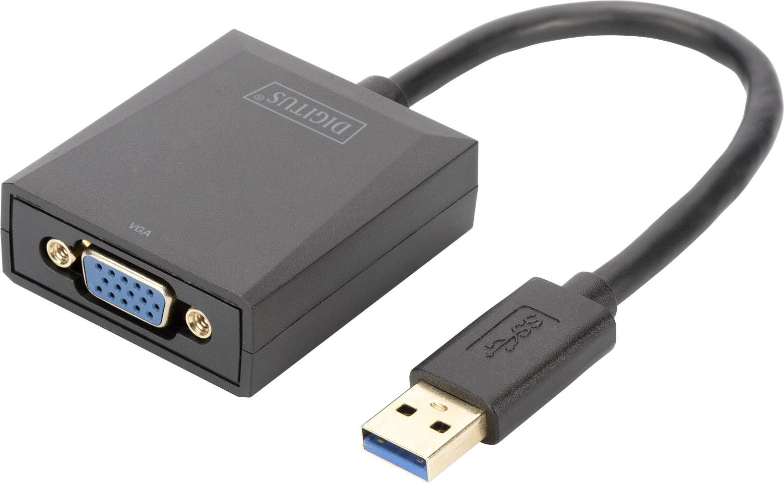 USB to VGA adapter with black housing and cable. The VGA socket is blue, the USB plug has blue contacts. Suitable for video connections.