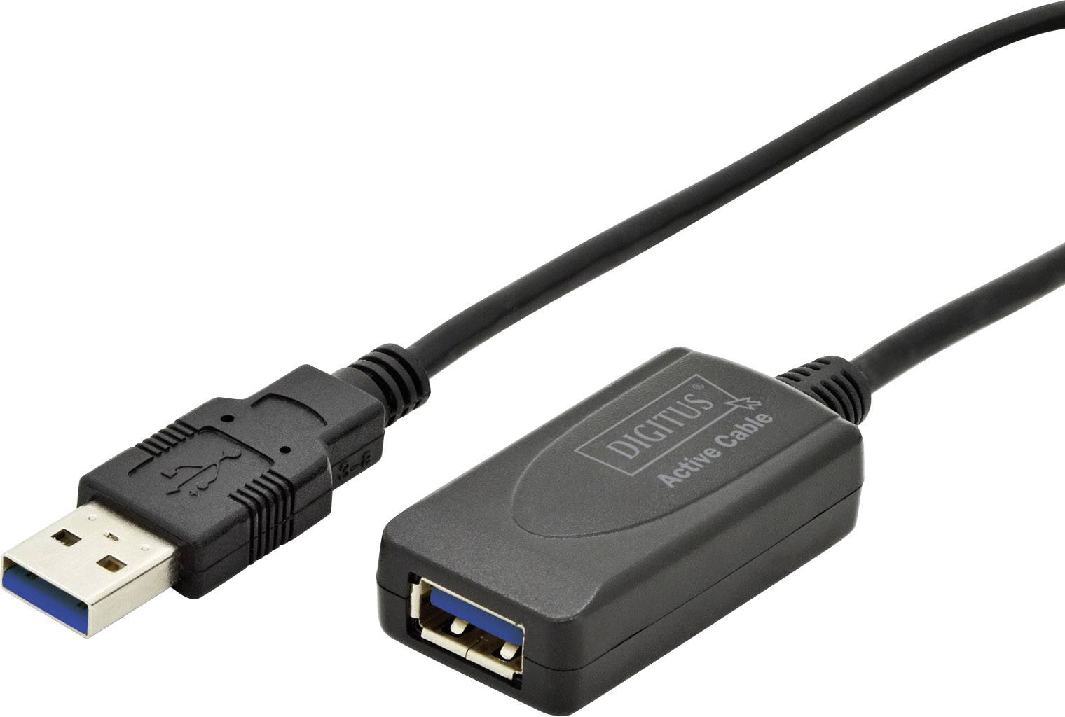 A black USB 3.0 extension cable 'Digitus' with a USB-A plug and socket, suitable for fast data transfers.