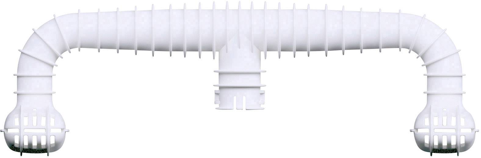 White T-shaped plastic pipe with ribbed structure and protective grilles at the ends. Suitable for ventilation or drainage systems.