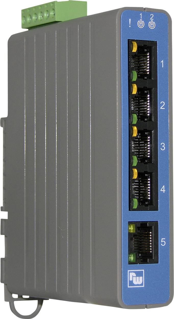 Industrial Ethernet switch with five network ports and LED indicators, suitable for harsh environments.
