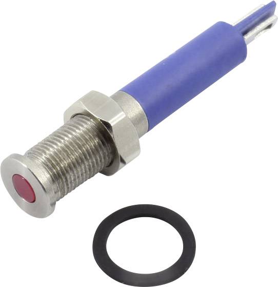 A blue metal push button with a red button and two connections. Beside it lies a black sealing ring.