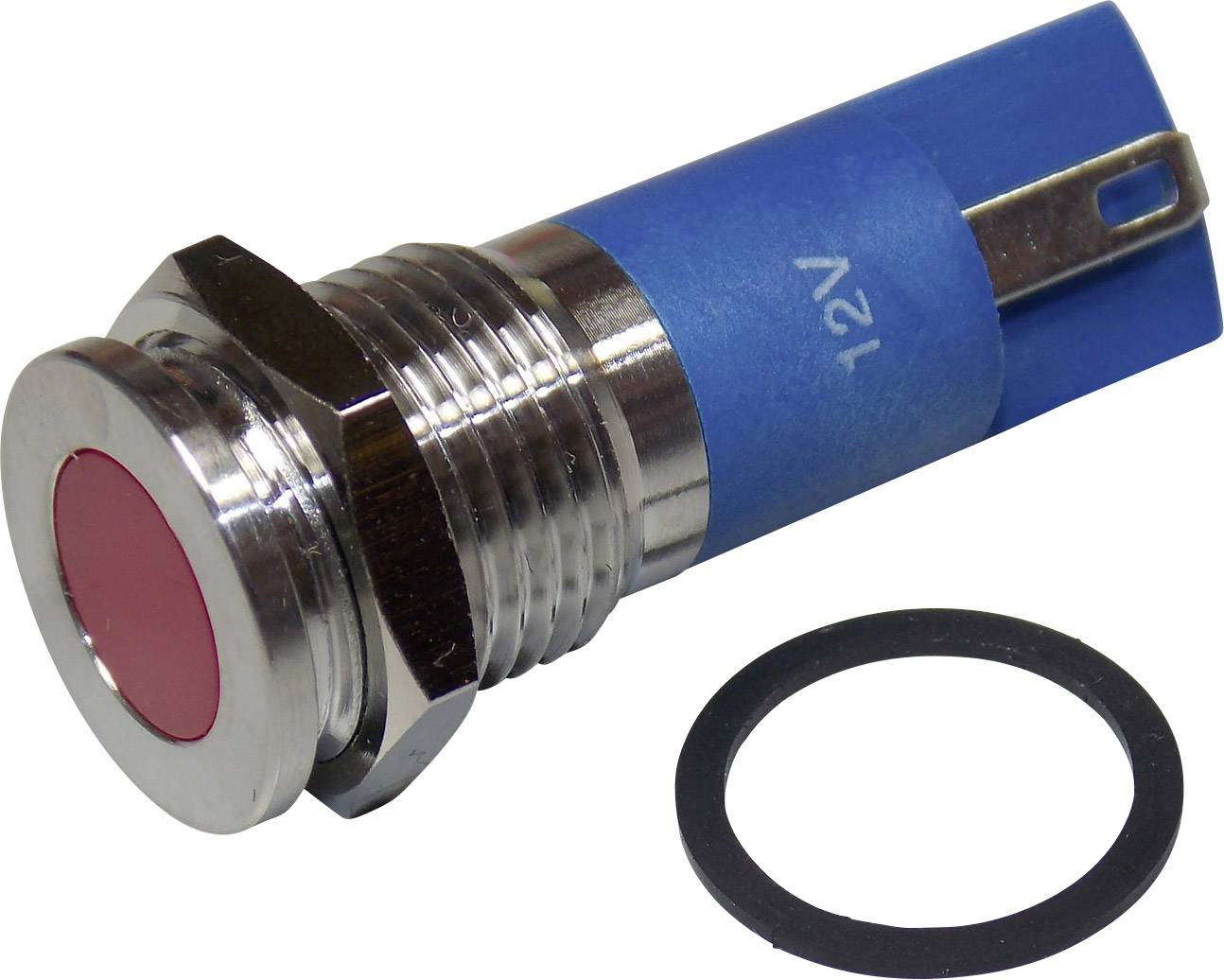 A round, silver push button with a red surface and blue reverse side, labelled '12V'. A black sealing ring is positioned beside it.